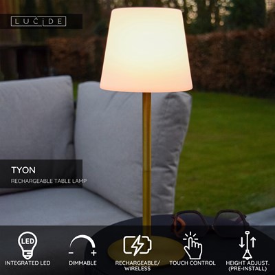 Lucide TYON - Rechargeable Table lamp Indoor/Outdoor - Battery pack - Ø 15 cm - LED Dim. - 1x2W 2700K - IP65 - Matt Gold / Brass